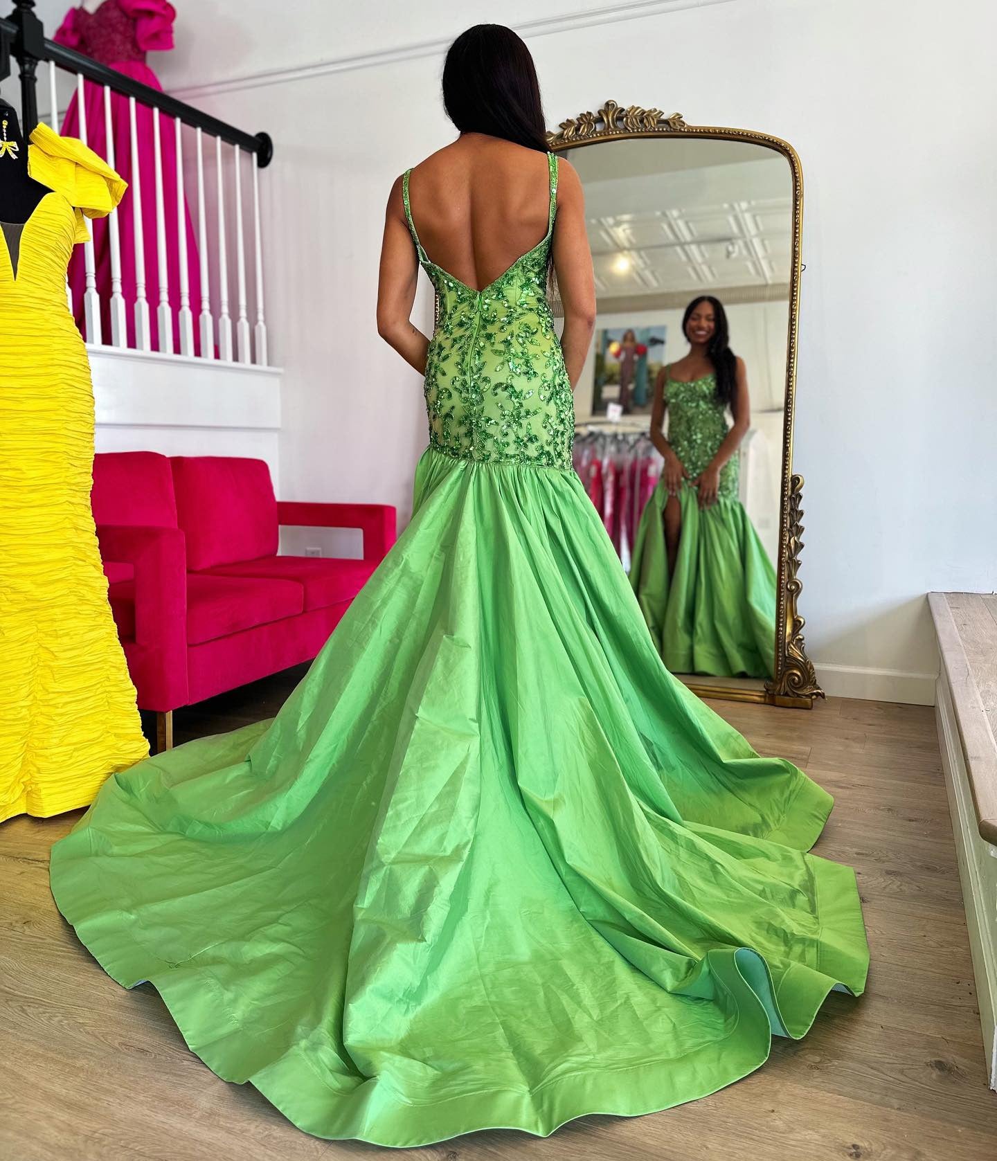 HE180-Mermaid Satin Sequin Beaded Long Prom Dresses with Slit Women's Spaghetti Straps Evening Gowns Plus Size Sleeveless Party Dress