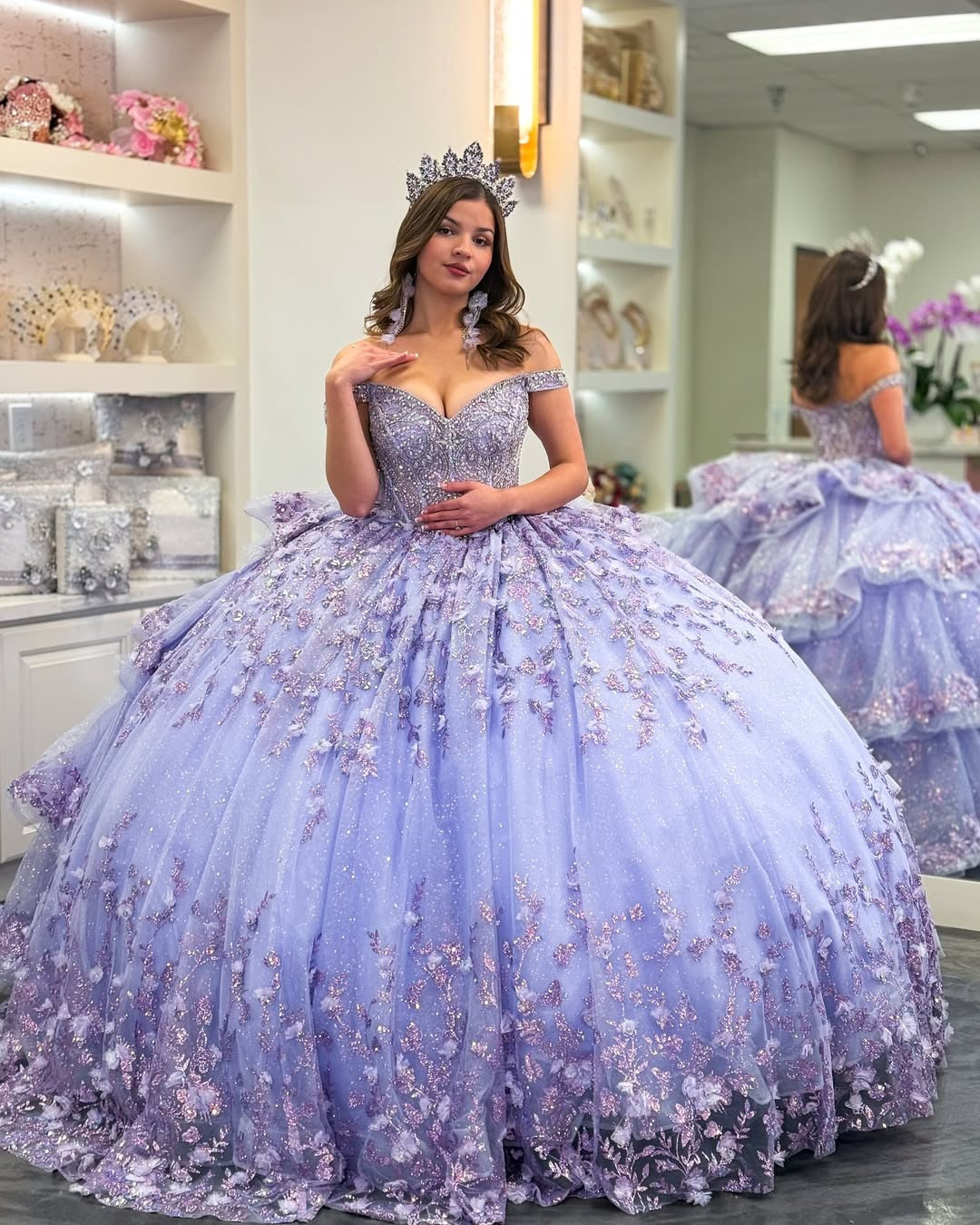 HE092 - Vestidos de quinceañera con hombros descubiertos, apliques de flores 3D y volantes de tul con encaje para fiesta de cumpleaños de 16 años