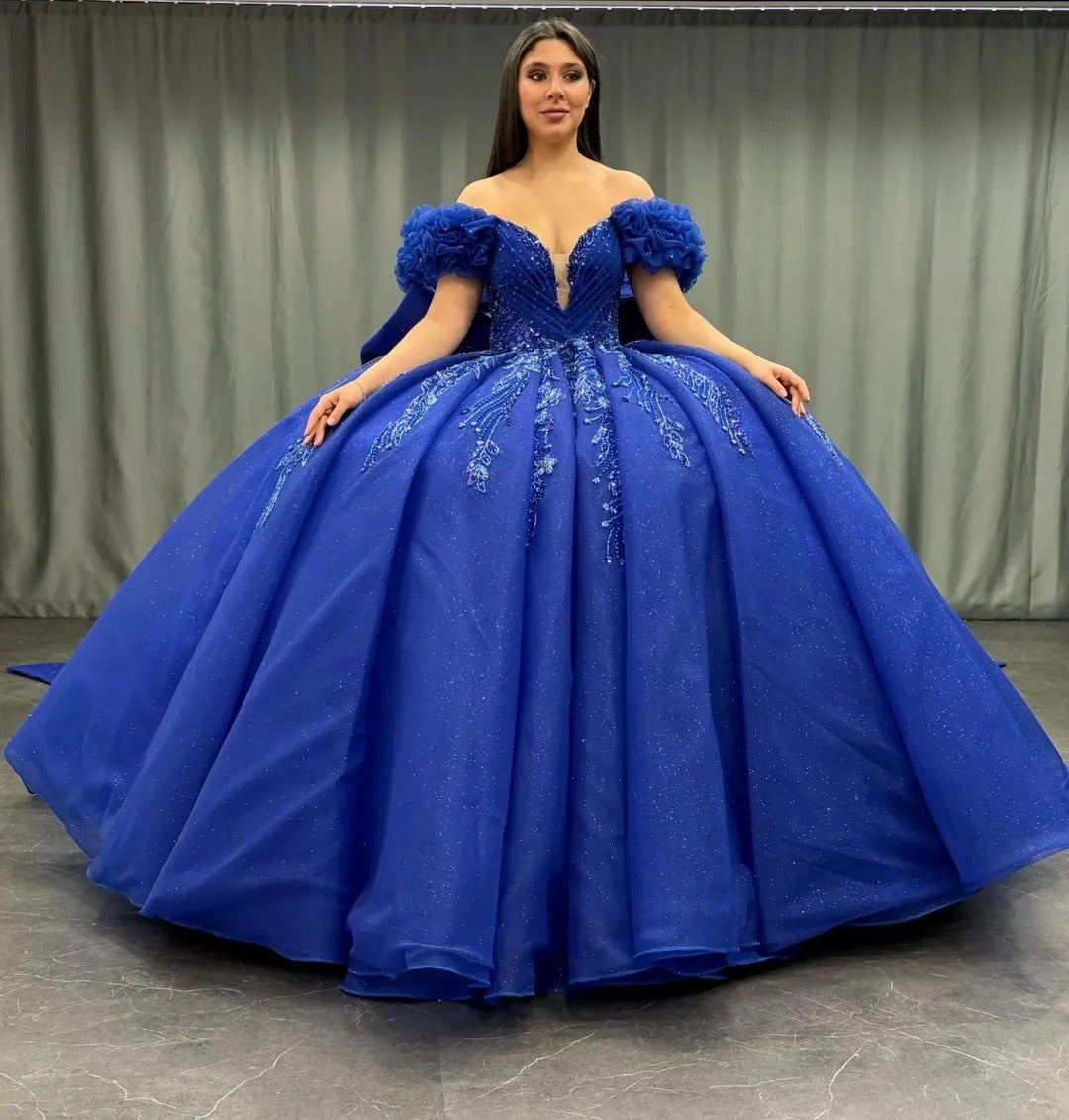 HE160-Vestidos de quinceañera azul real, vestido de baile de tul con encaje y cuentas, vestidos de fiesta con hombros descubiertos, vestidos de princesa para dulces 16 cumpleaños