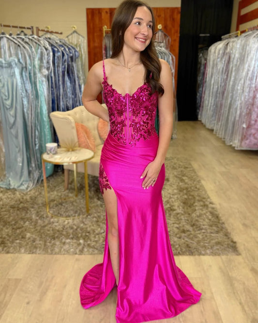 Satin Lace Beaded Prom Dresses Long for Women Mermaid Evening Party Gowns HE047