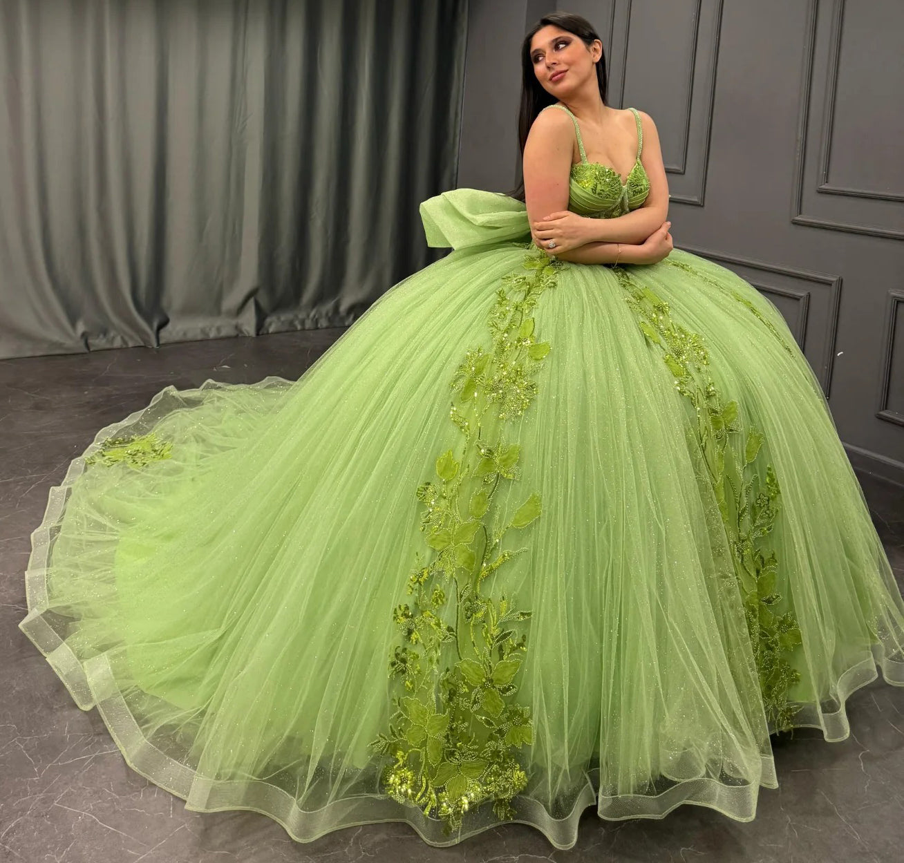 HE159-Vestido de quinceañera verde con apliques de encaje de tul y lazo para fiesta de cumpleaños de princesa