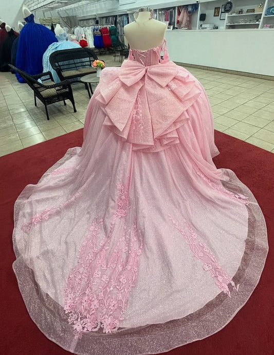Pink Quinceanera Dresses Tulle Lace Appliques Birthday Party Dresses for Sweet 16 HE093