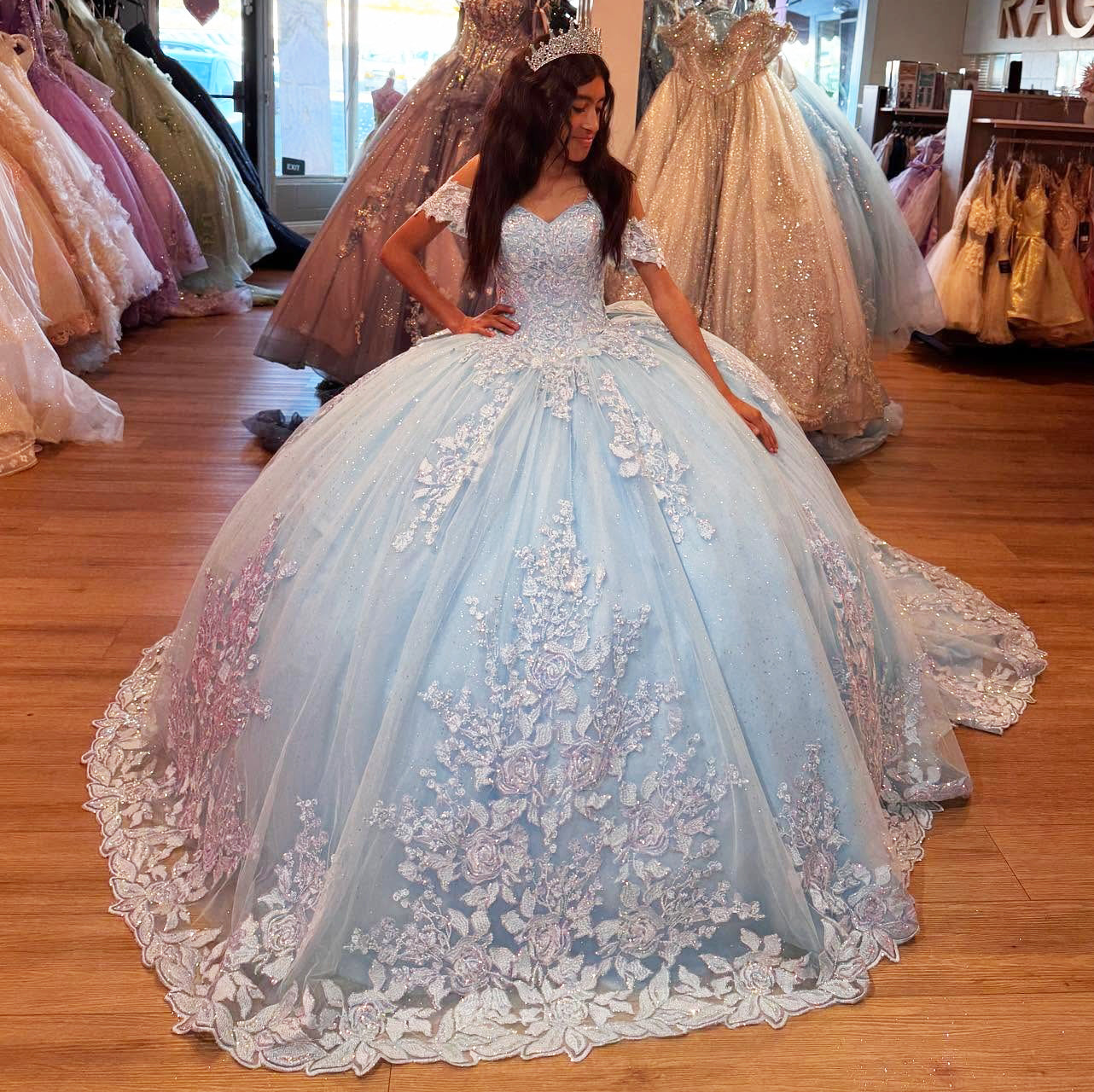 HE316-Vestidos de quinceañera princesa azul cielo con apliques de encaje de tul y hombros descubiertos para fiesta de gala.