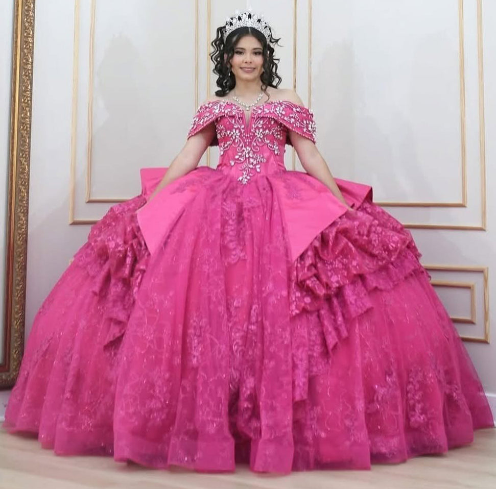 HE075 - Vestidos de quinceañera con apliques de tul y cuentas en los hombros descubiertos para galas de 16 años, fiestas de graduación y cumpleaños