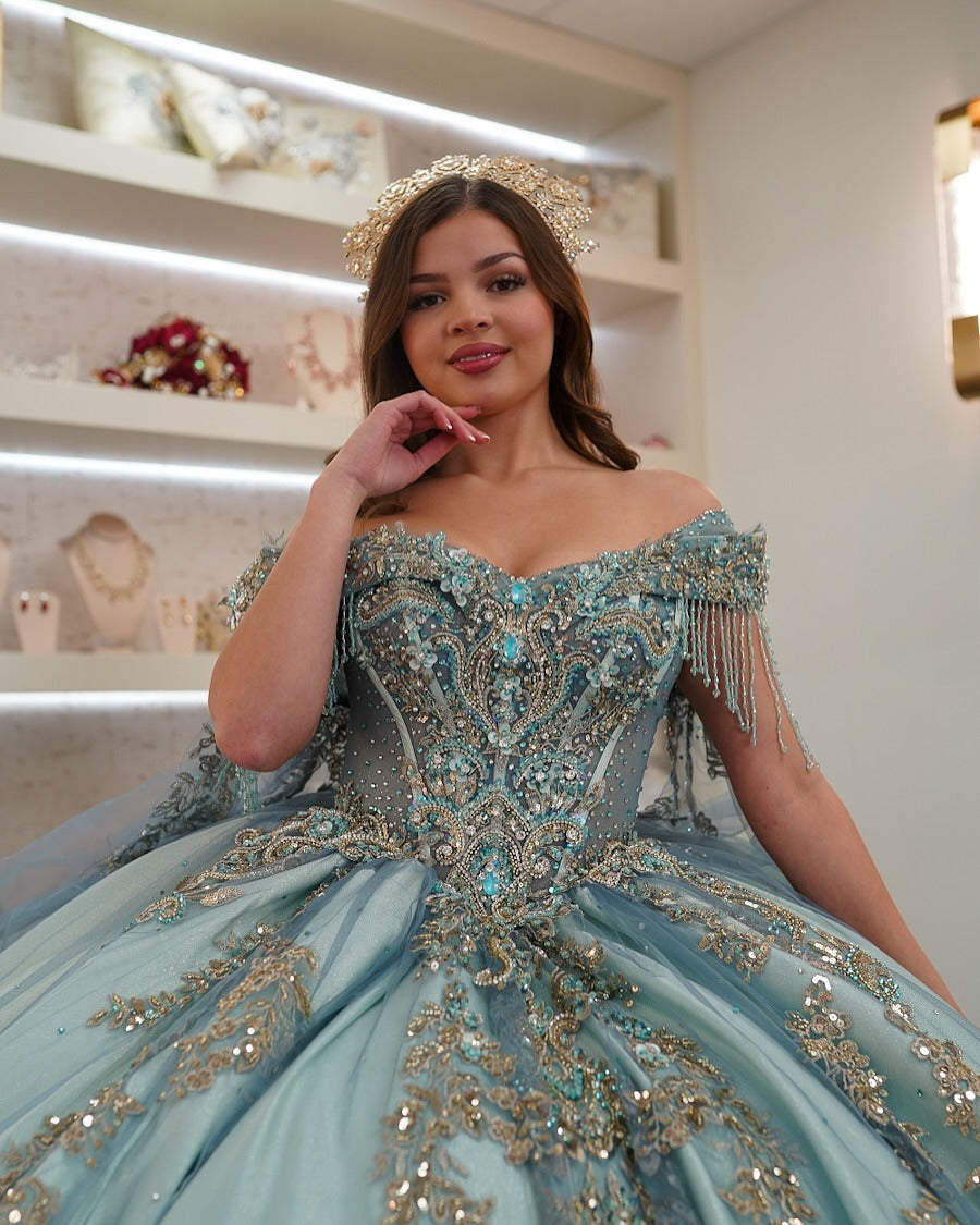 HE091 - Vestidos de quinceañera con apliques de encaje y tul con hombros descubiertos y cuentas, vestidos de fiesta de cumpleaños de lujo para dulces 16