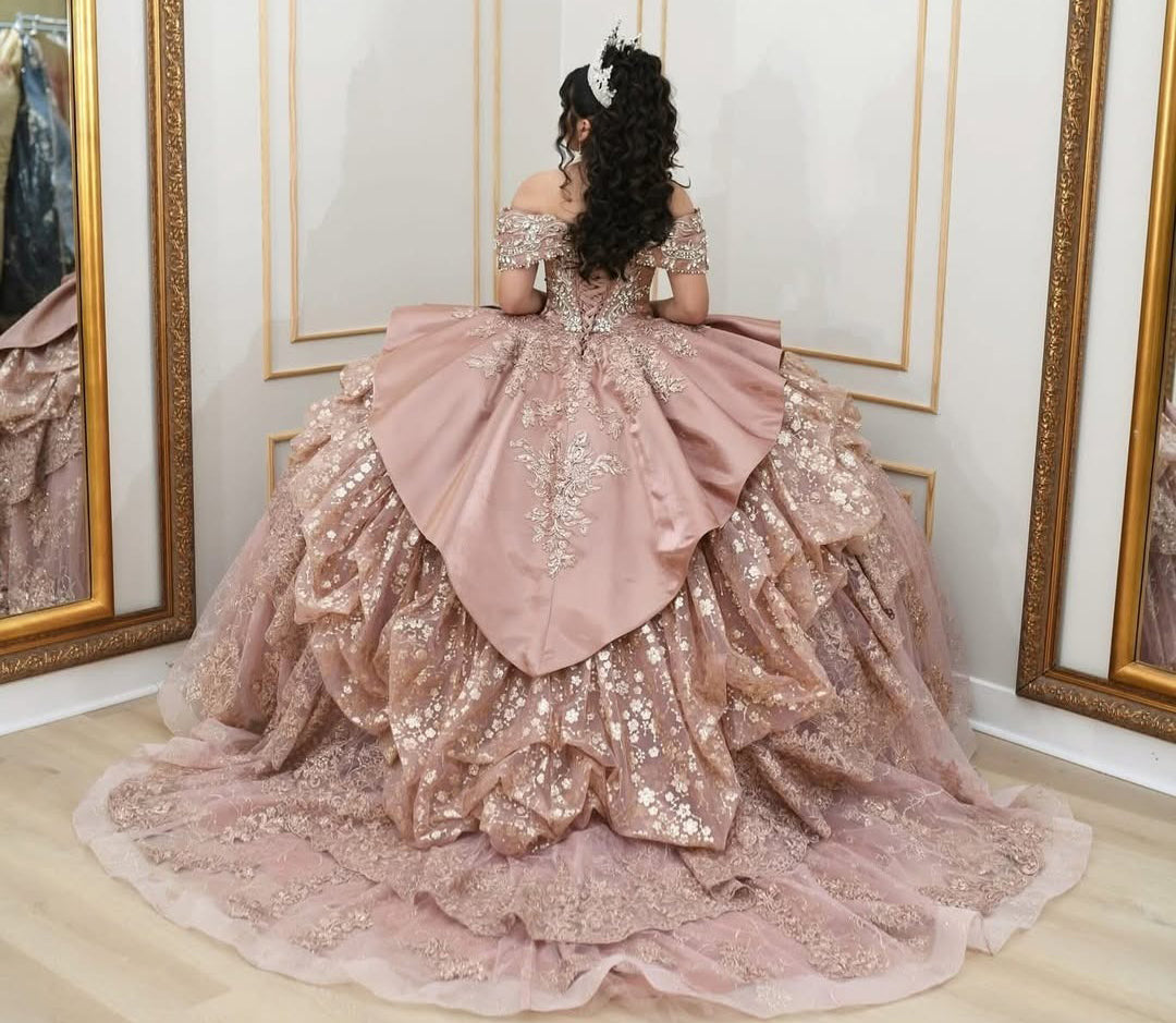 HE075 - Vestidos de quinceañera con apliques de tul y cuentas en los hombros descubiertos para galas de 16 años, fiestas de graduación y cumpleaños