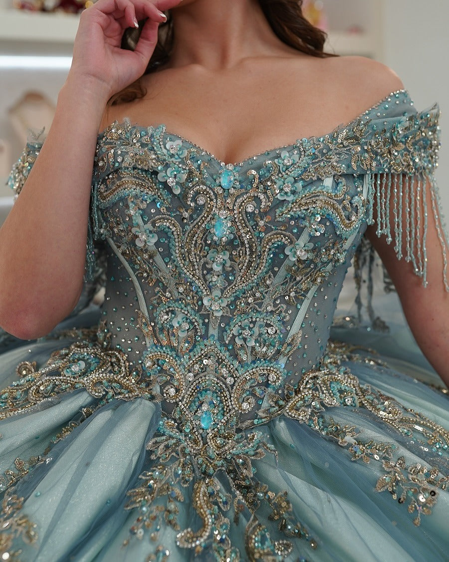 HE091 - Vestidos de quinceañera con apliques de encaje y tul con hombros descubiertos y cuentas, vestidos de fiesta de cumpleaños de lujo para dulces 16