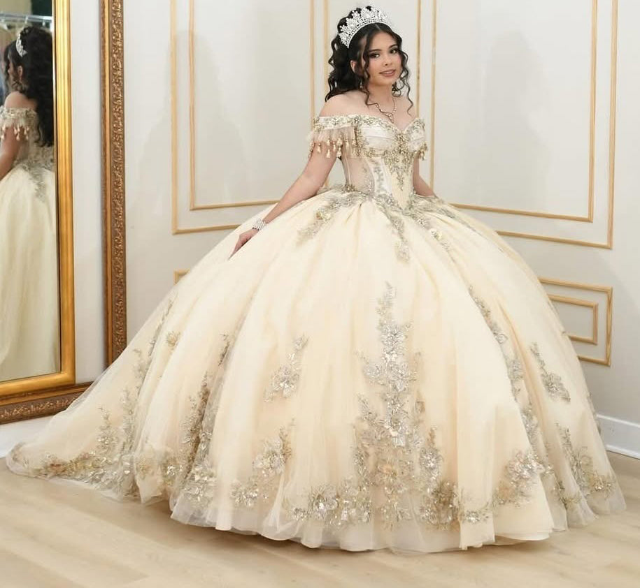 Champagne Quinceanera Dresses Lace Appliqued Sweet 16 Birthday Gowns HE065