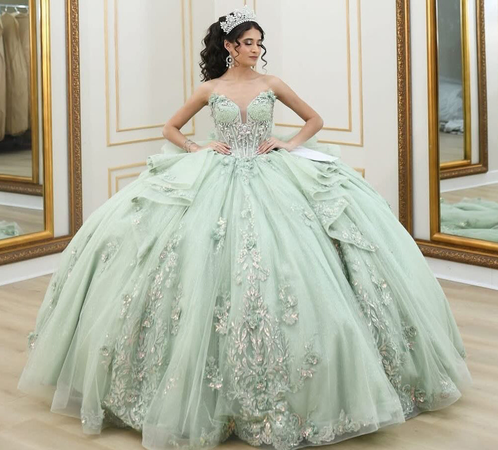 HE074 - Hermoso vestido de quinceañera con escote corazón y mangas cortas, apliques de encaje de tul, ideal para fiestas de graduación de cumpleaños de 16 años