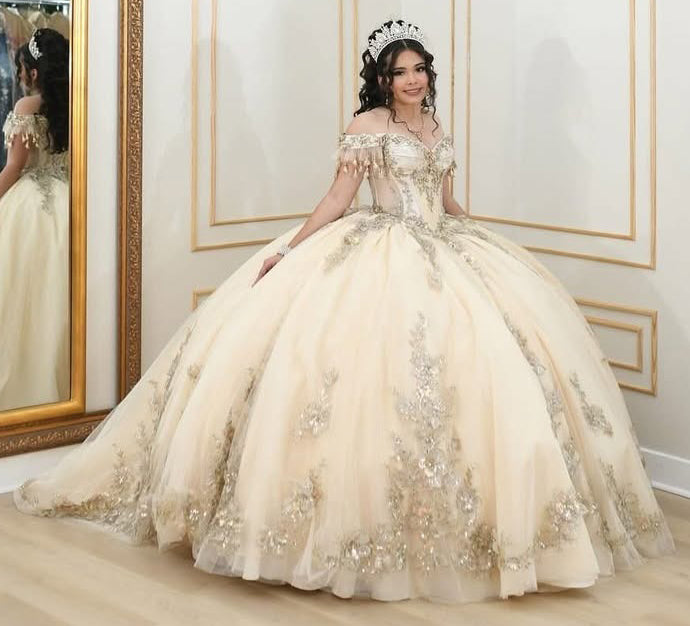 HE065-Champagne Off Shoulder Tulle Beaded Quinceanera Dresses Ball Gown Lace Appliqued Prom Party Birthday Gowns for Swet 16