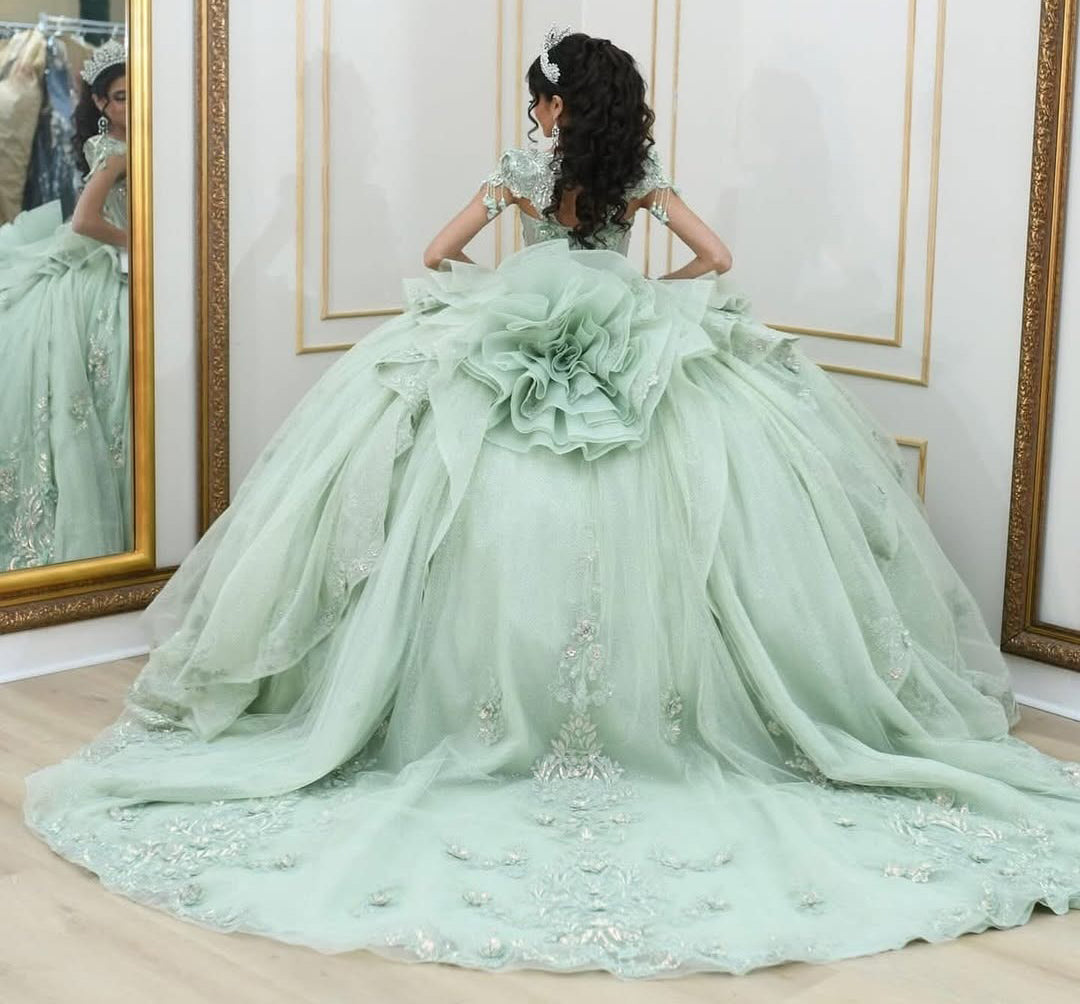 HE074 - Hermoso vestido de quinceañera con escote corazón y mangas cortas, apliques de encaje de tul, ideal para fiestas de graduación de cumpleaños de 16 años