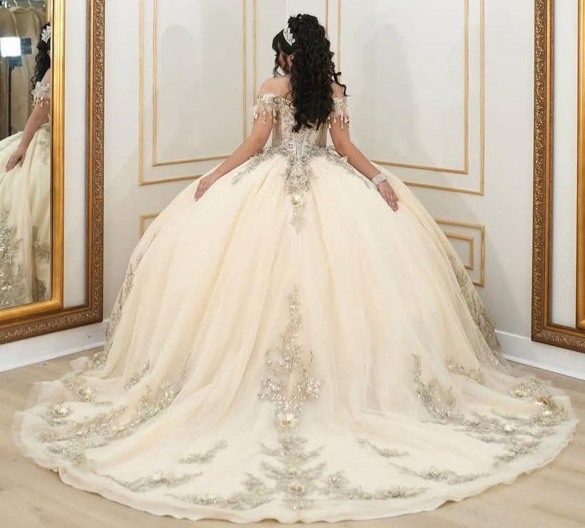 HE065-Champagne Off Shoulder Tulle Beaded Quinceanera Dresses Ball Gown Lace Appliqued Prom Party Birthday Gowns for Swet 16