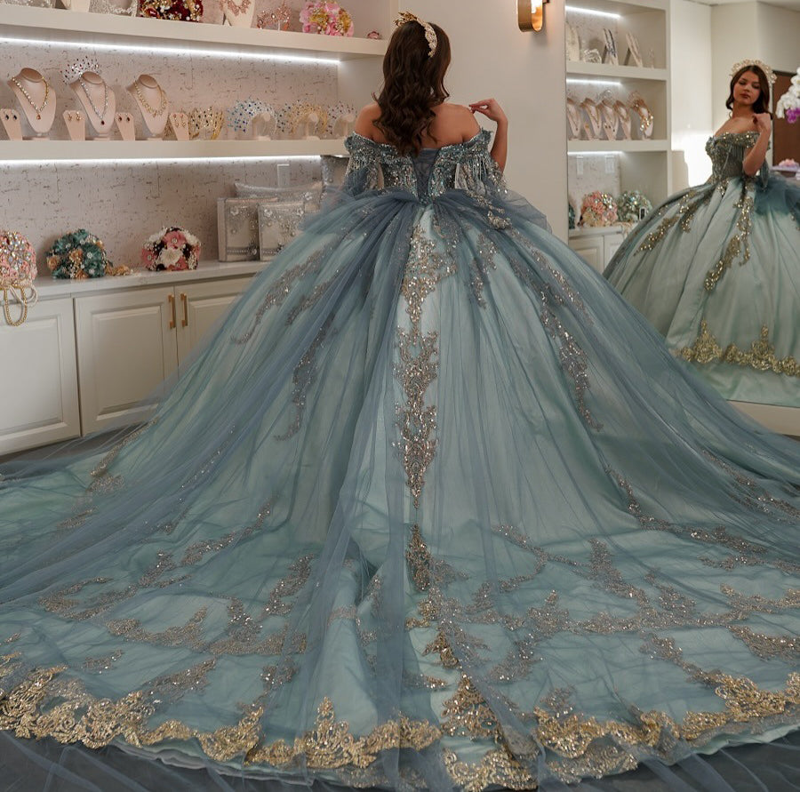 HE091 - Vestidos de quinceañera con apliques de encaje y tul con hombros descubiertos y cuentas, vestidos de fiesta de cumpleaños de lujo para dulces 16