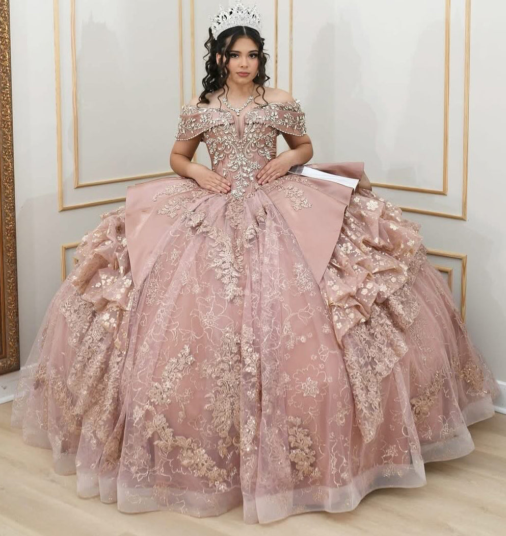 HE075 - Vestidos de quinceañera con apliques de tul y cuentas en los hombros descubiertos para galas de 16 años, fiestas de graduación y cumpleaños