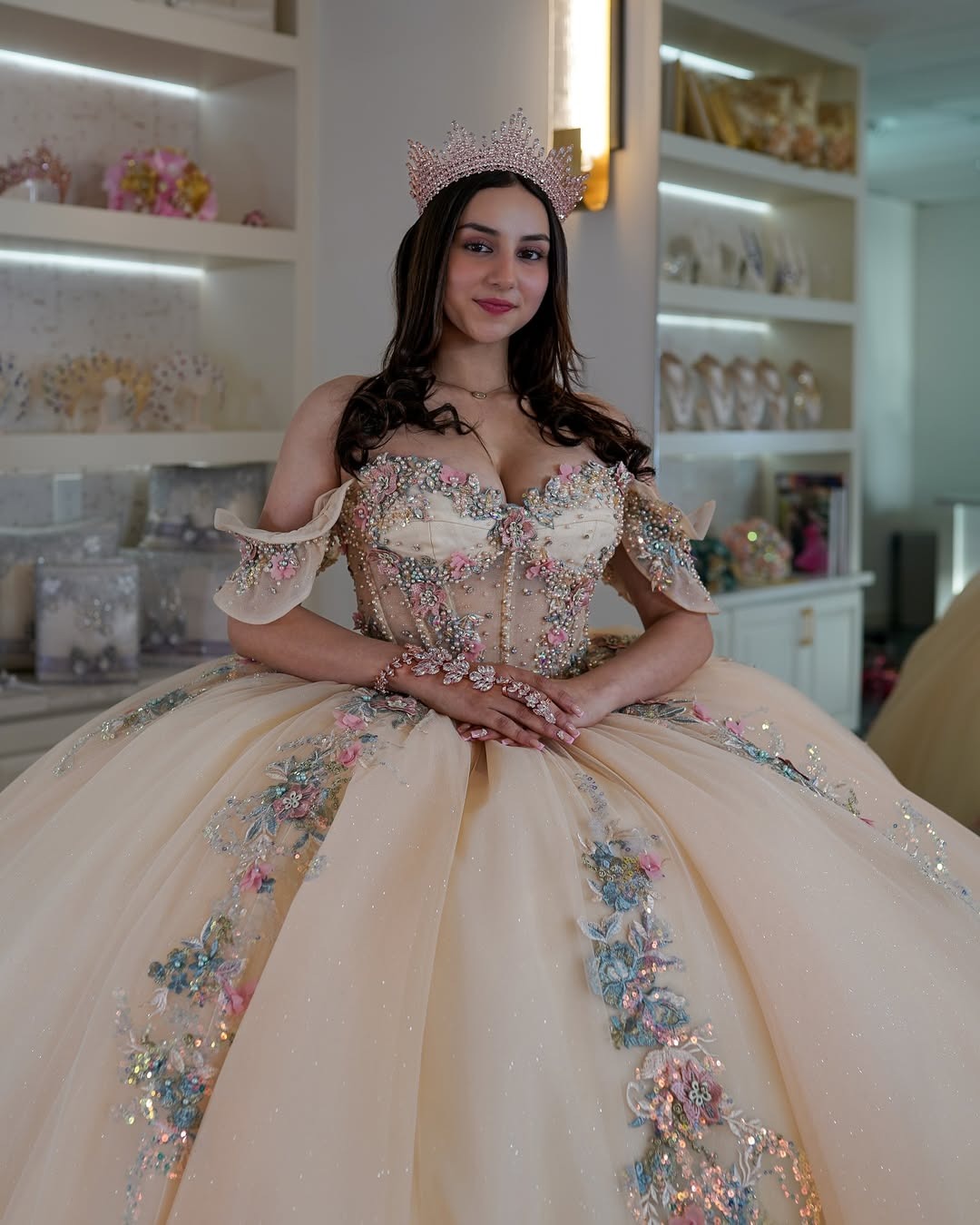HE090-Vestido de quinceañera con tul color champán, encaje y cuentas, vestido de fiesta con apliques, hombros descubiertos, para fiesta de cumpleaños y graduación