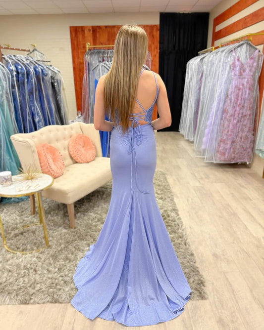 Mermaid Satin Lace Beaded Prom Dresses Long V Neck Corset Evening Gowns HE045