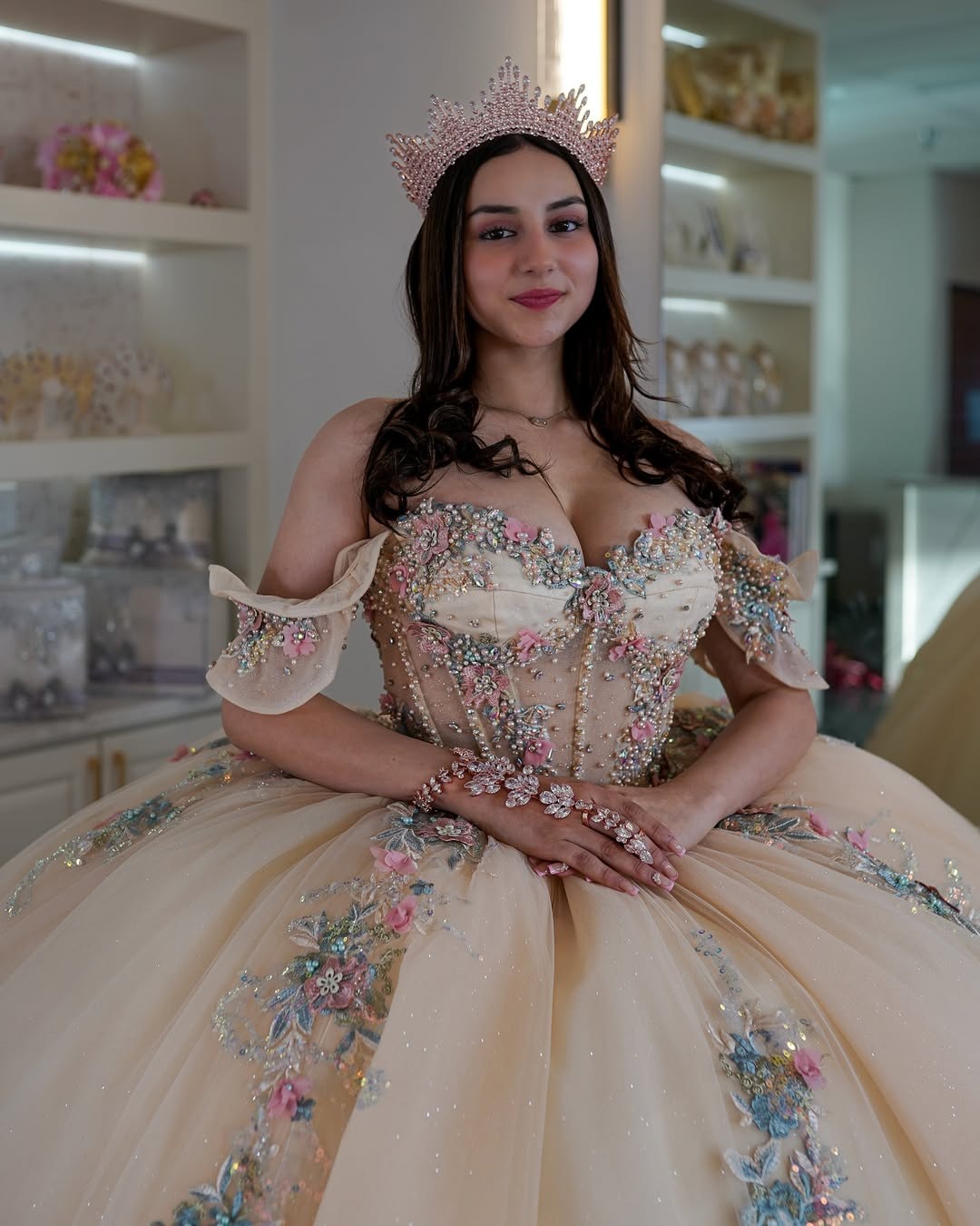 HE090-Vestido de quinceañera con tul color champán, encaje y cuentas, vestido de fiesta con apliques, hombros descubiertos, para fiesta de cumpleaños y graduación