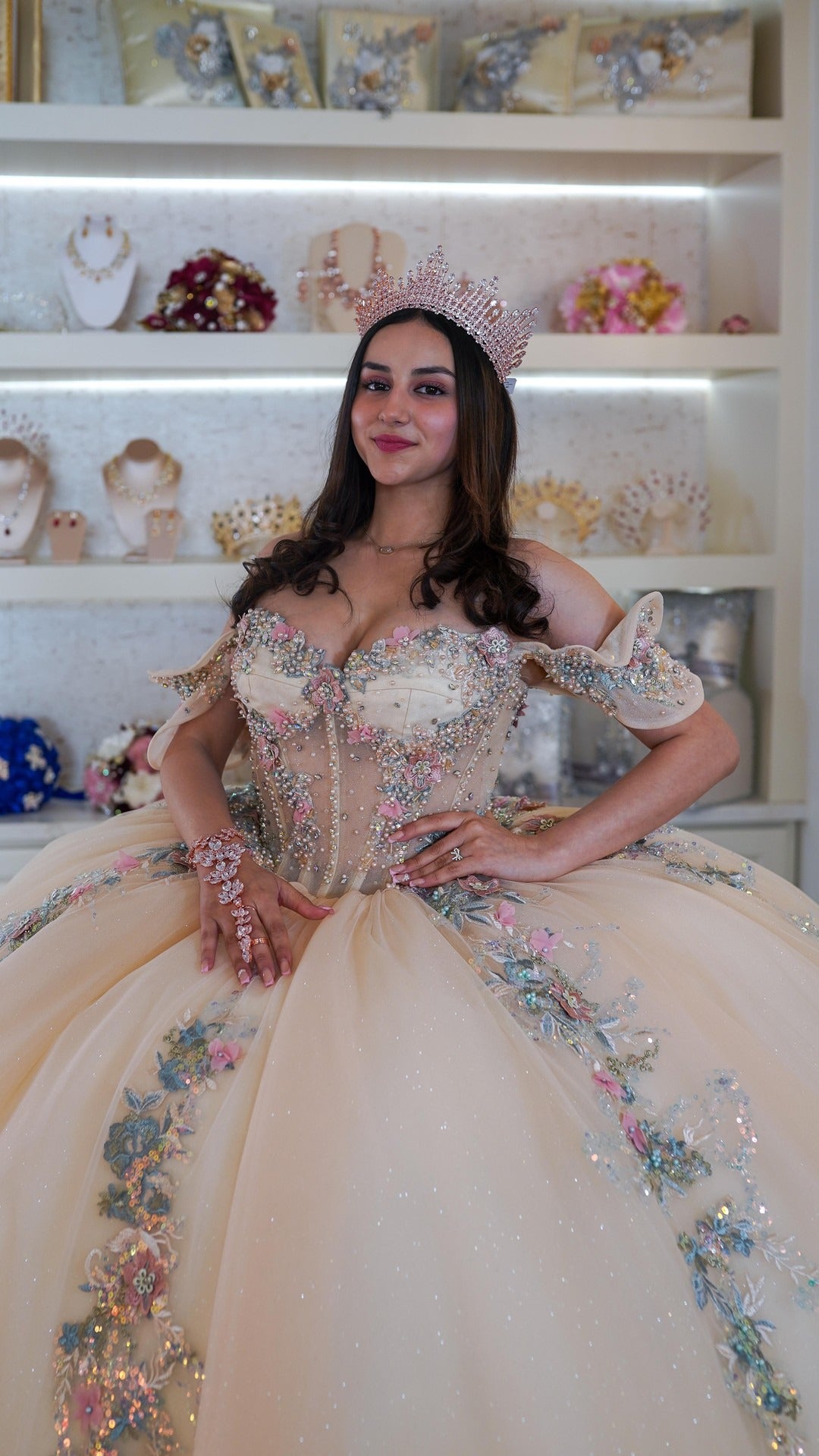 HE090-Vestido de quinceañera con tul color champán, encaje y cuentas, vestido de fiesta con apliques, hombros descubiertos, para fiesta de cumpleaños y graduación