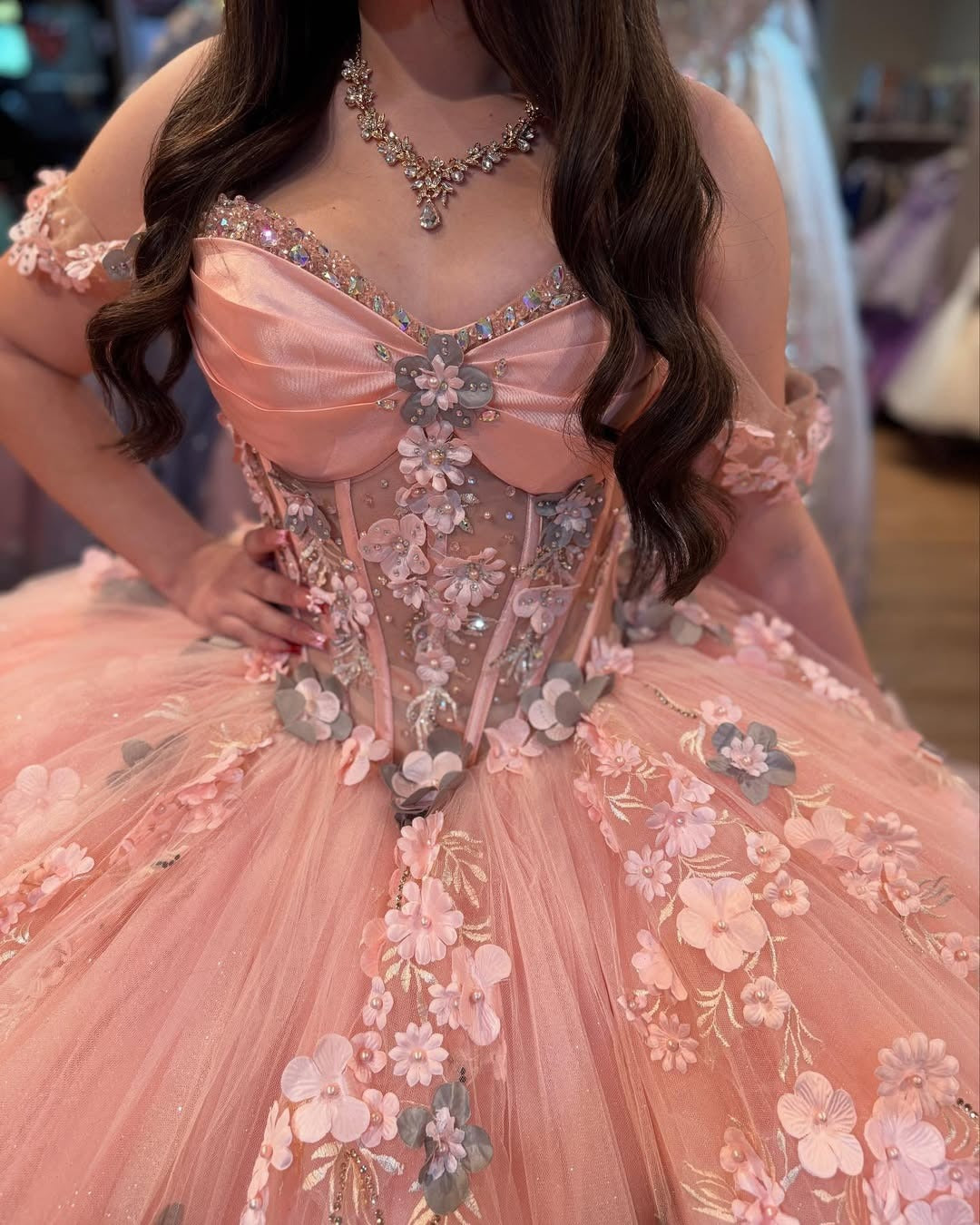 Blush Sweet 16 Quinceanera Dresses Tulle 3d Flowers Beaded Party Dresses HE315