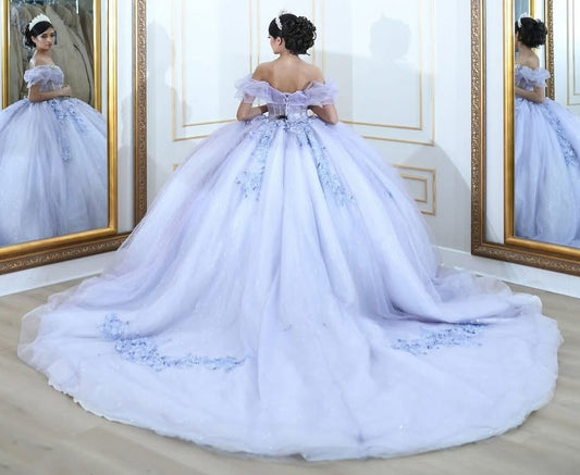 Lilac Tulle Lace Quinceanera Dresses Appliques Beaded Sweet 16 Party Gowns HE060