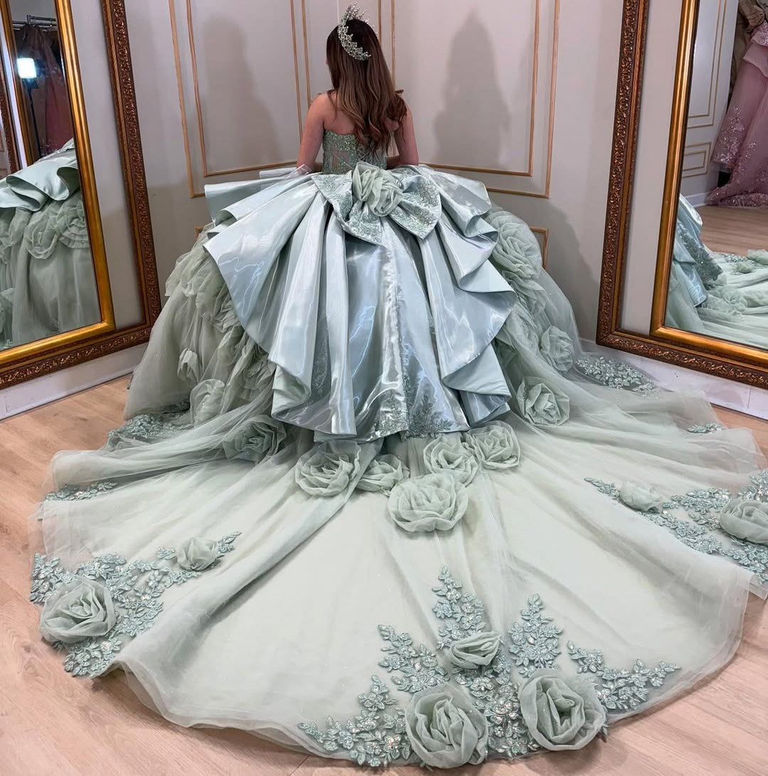 HE052-Sweetheart Lace Beaded Ball Gown Quinceanera Dresses Satin Ruffles Sweet 16 Birthday Gowns with Long Train