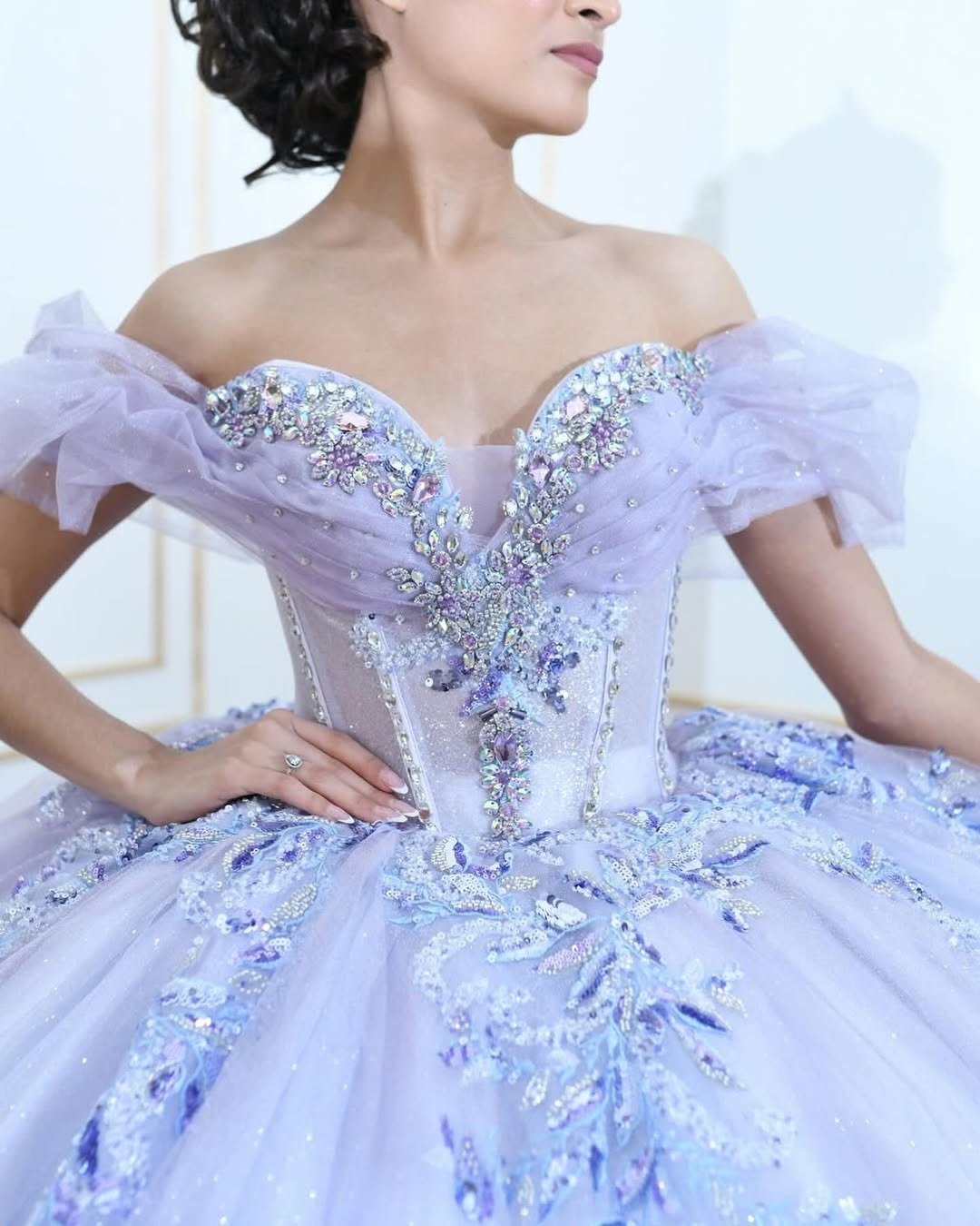 Lilac Tulle Lace Quinceanera Dresses Appliques Beaded Sweet 16 Party Gowns HE060