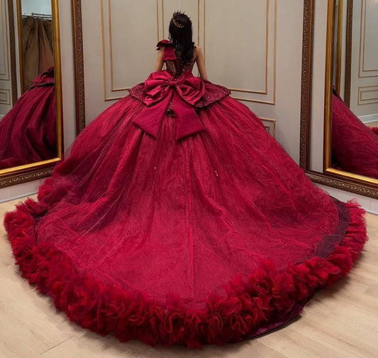 Burgundy One Shoulder Quinceanera Dresses Tulle Beaded Sweet 16 Prom Party Gowns HE063