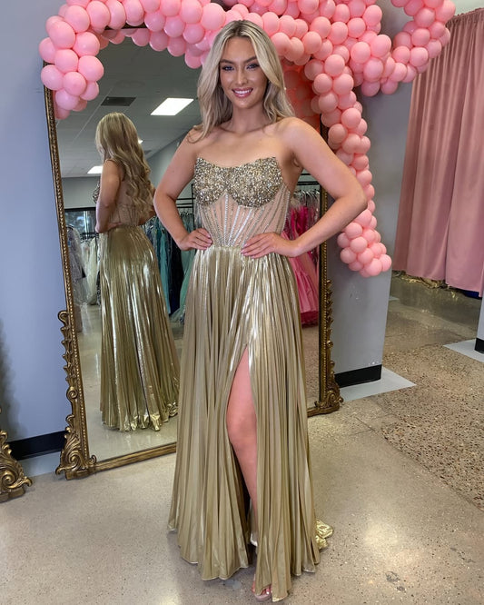 Metallic Long Prom Dresses with Slit Corset Sequin Beaded Evening Party Dresses HE189