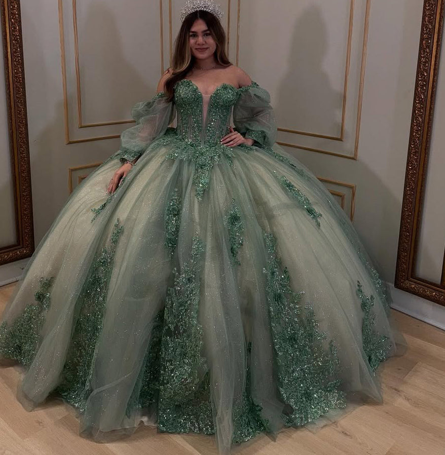 HE051-Green Lace Appliques Beaded Quinceanera Dresses Ball Gown Long Sleeves Sweet 16 Birthday Party Dress