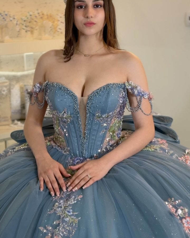 HE089 - Vestidos de quinceañera azules con hombros descubiertos, tul, encaje y cuentas, vestidos de fiesta de cumpleaños sin mangas para dulces 16