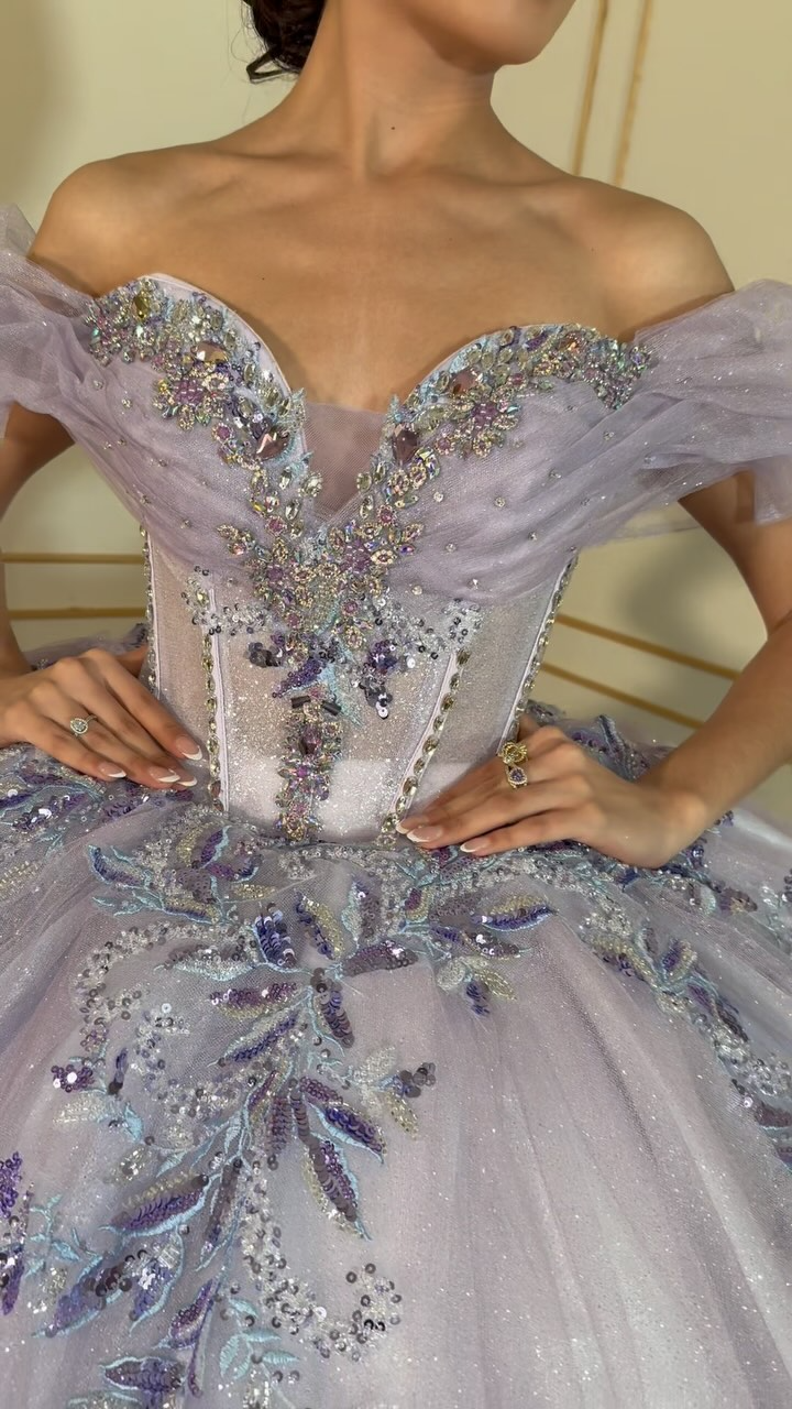Lilac Tulle Lace Quinceanera Dresses Appliques Beaded Sweet 16 Party Gowns HE060