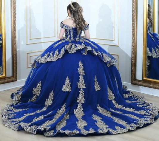 HE053 - Vestido de quinceañera con hombros descubiertos y apliques de encaje de tul para fiesta de cumpleaños de 16 años para niñas