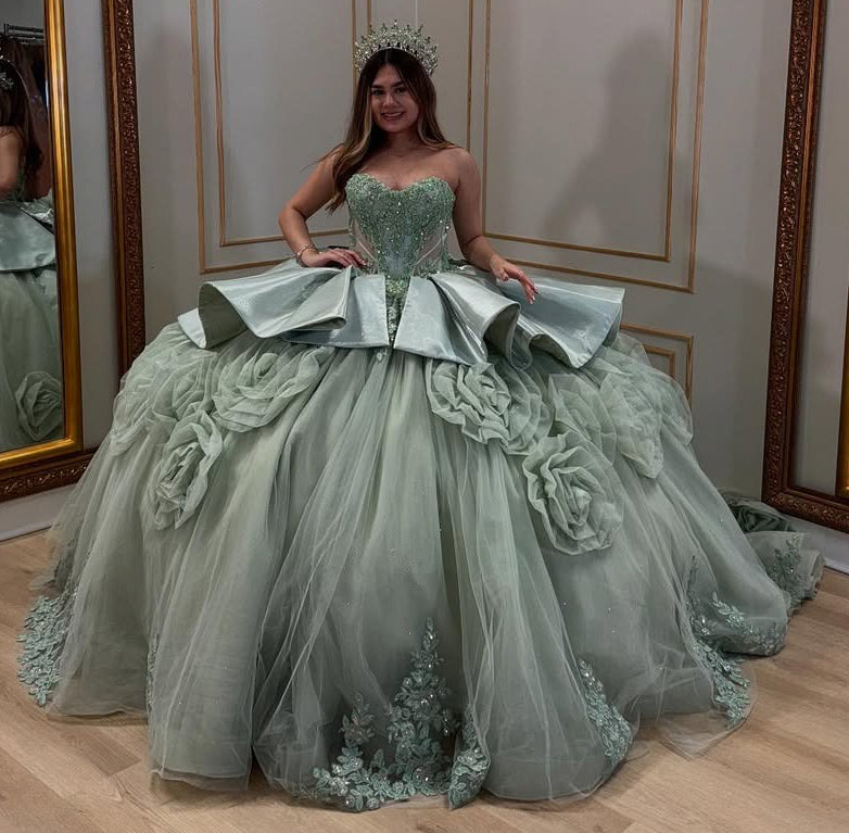 HE052-Sweetheart Lace Beaded Ball Gown Quinceanera Dresses Satin Ruffles Sweet 16 Birthday Gowns with Long Train