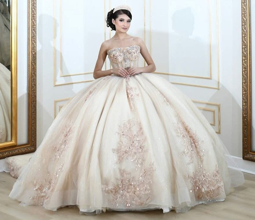 HE061 - Hermoso vestido de quinceañera con mangas desmontables y apliques de encaje de tul, vestido de cumpleaños color champán para dulces 16