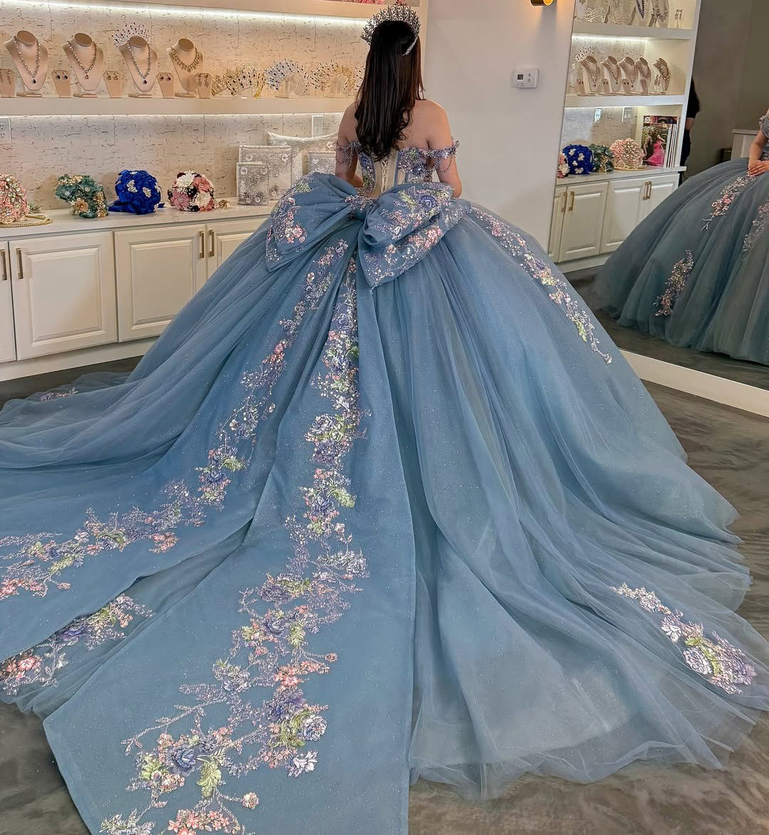 HE089 - Vestidos de quinceañera azules con hombros descubiertos, tul, encaje y cuentas, vestidos de fiesta de cumpleaños sin mangas para dulces 16