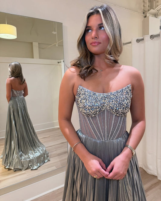 Sweetheart Long Prom Dresses for Women Metallic Satin Beaded Evening Gowns HE107