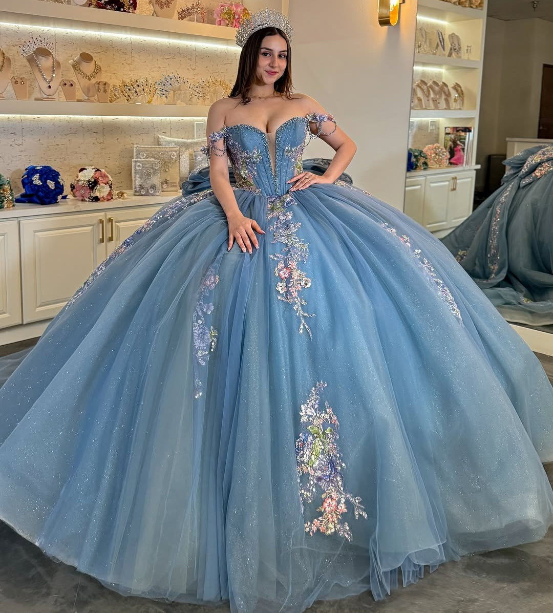 HE089 - Vestidos de quinceañera azules con hombros descubiertos, tul, encaje y cuentas, vestidos de fiesta de cumpleaños sin mangas para dulces 16