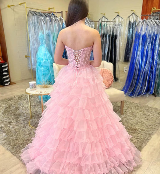 A Line Sweetheart Long Prom Dresses Tulle Lace Appliqued Ruffles Party Gowns HE112