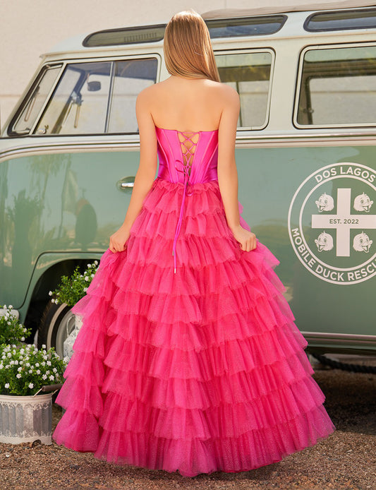 Sweetheart Tulle Ruffles Prom Dresses Long A Line Keyhole Evening Gowns HE108
