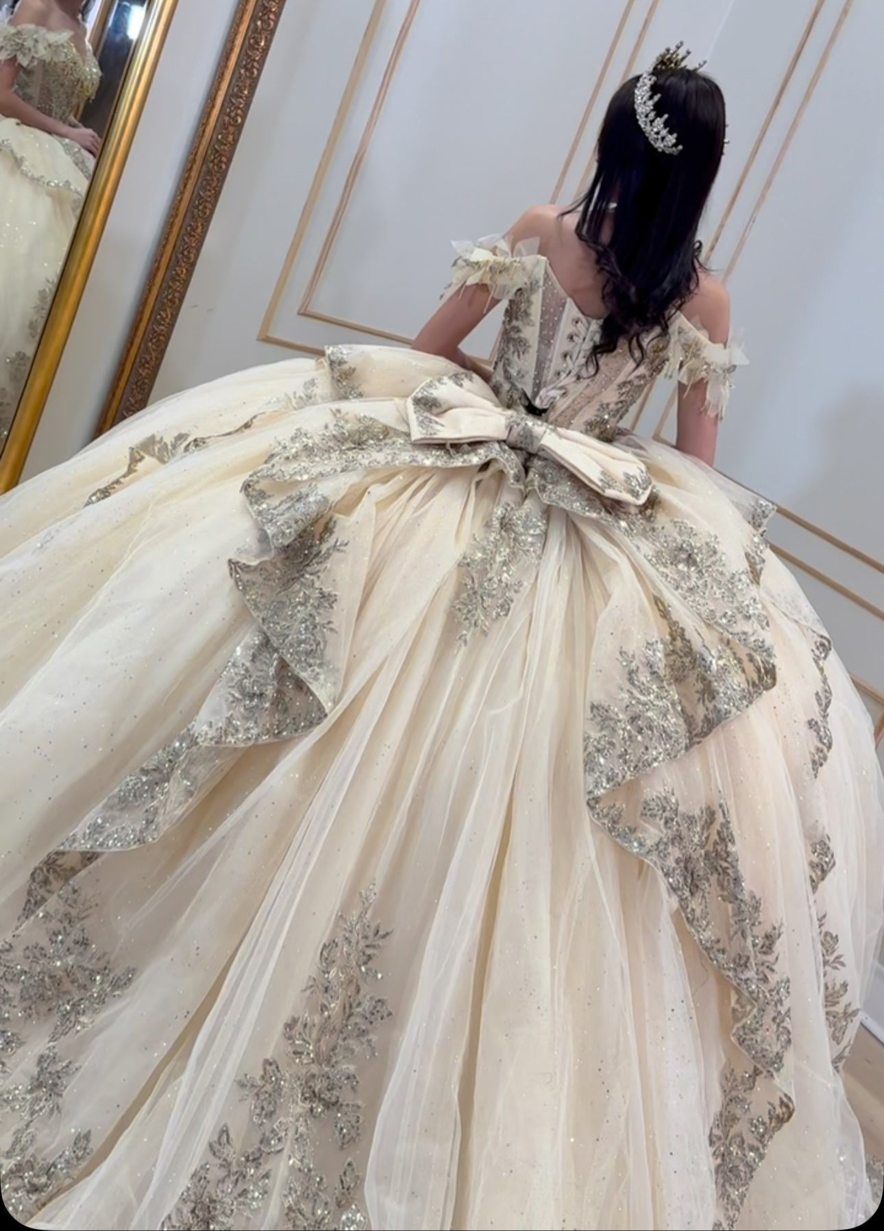 Champagne Lace Beaded Appliques Quinceanera Dresses Sweet 16 Birthday Party Gown HE050