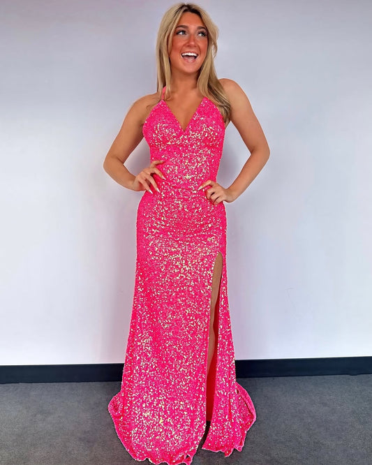 Women's Glittery Sequins V Neck Long Prom Dresses Mermaid Evening Gowns HE343