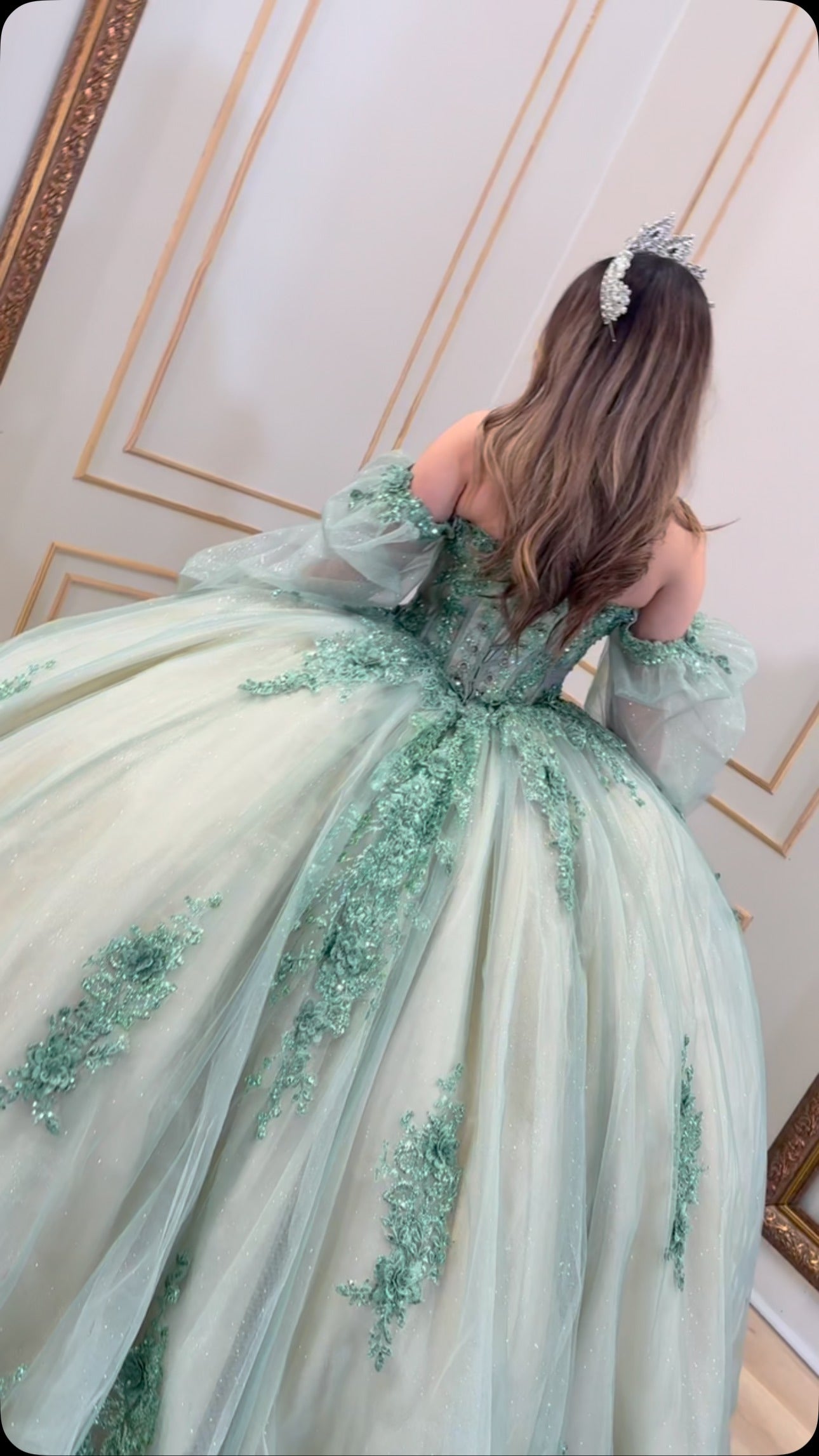 HE051-Green Lace Appliques Beaded Quinceanera Dresses Ball Gown Long Sleeves Sweet 16 Birthday Party Dress