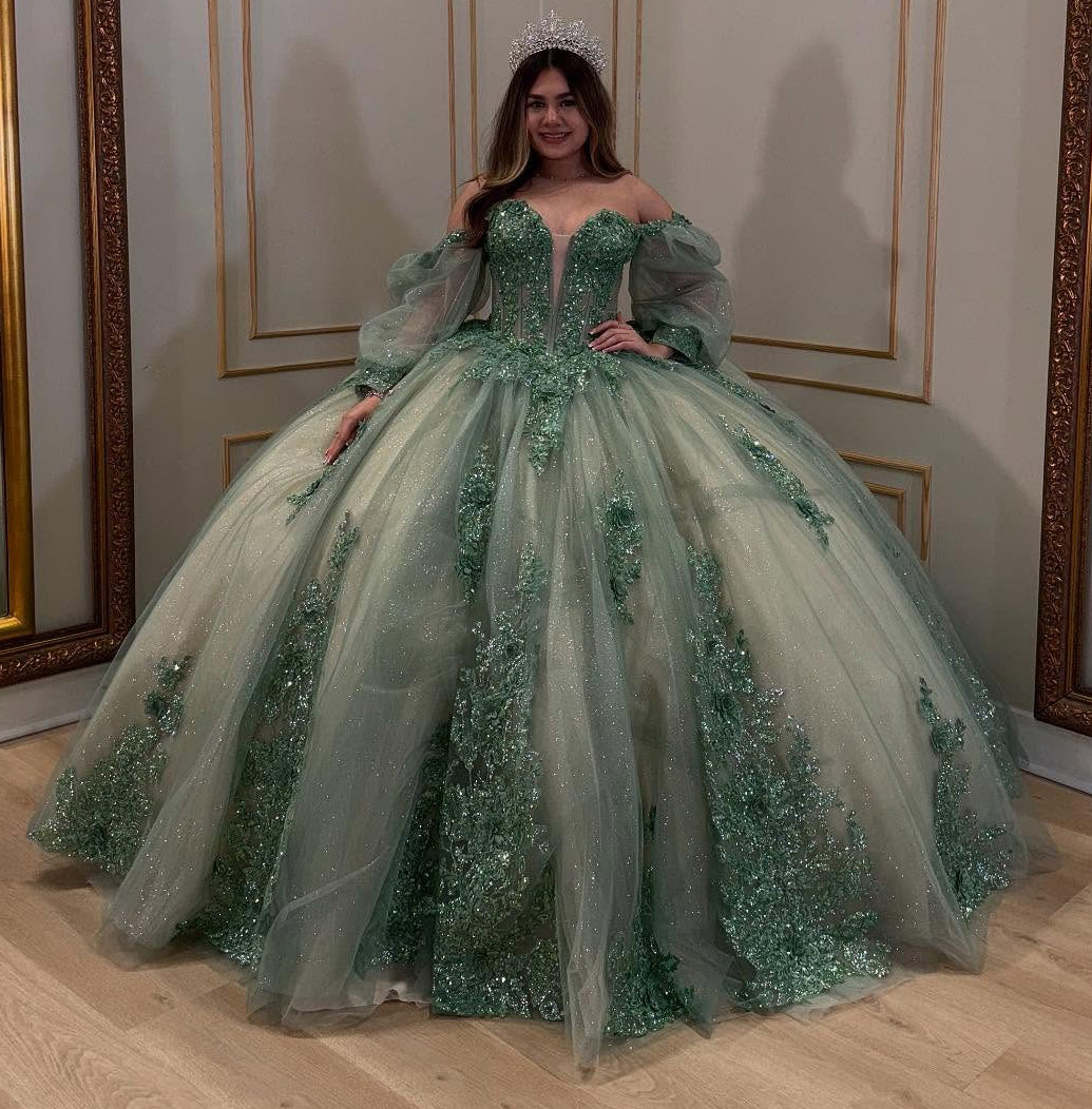 HE051-Green Lace Appliques Beaded Quinceanera Dresses Ball Gown Long Sleeves Sweet 16 Birthday Party Dress