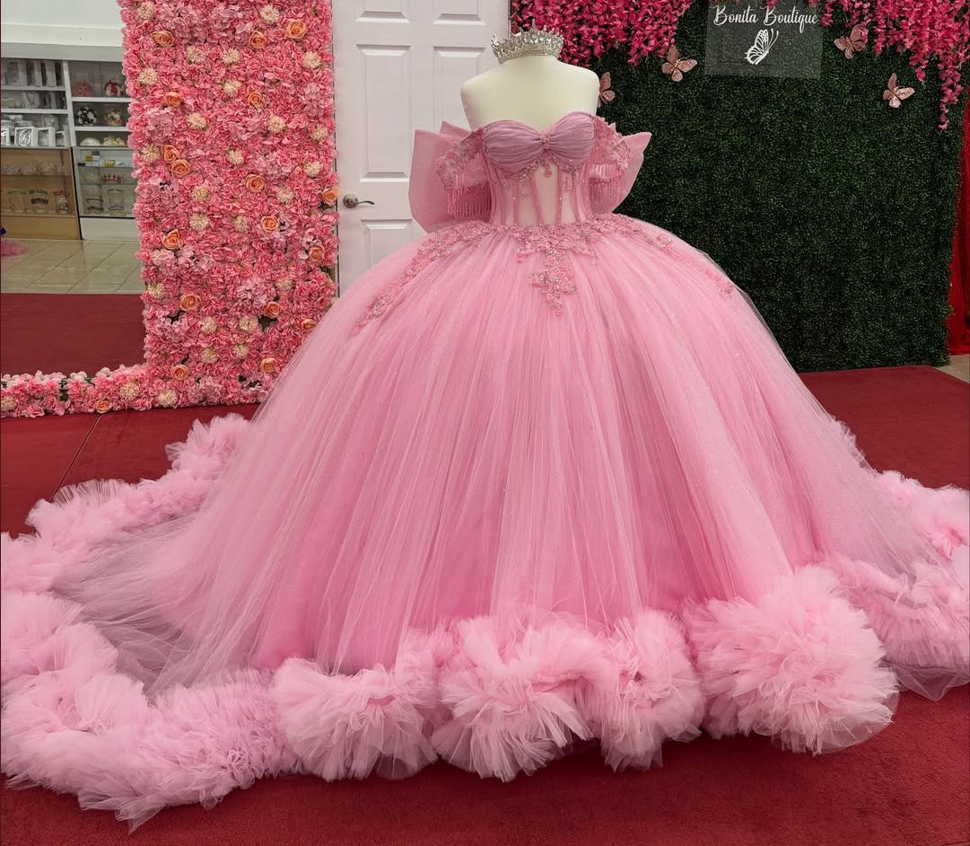 HE094-Vestido de quinceañera con volantes de tul y hombros descubiertos, vestido de fiesta con escote corazón, sin mangas, precioso vestido de fiesta para dulces 16