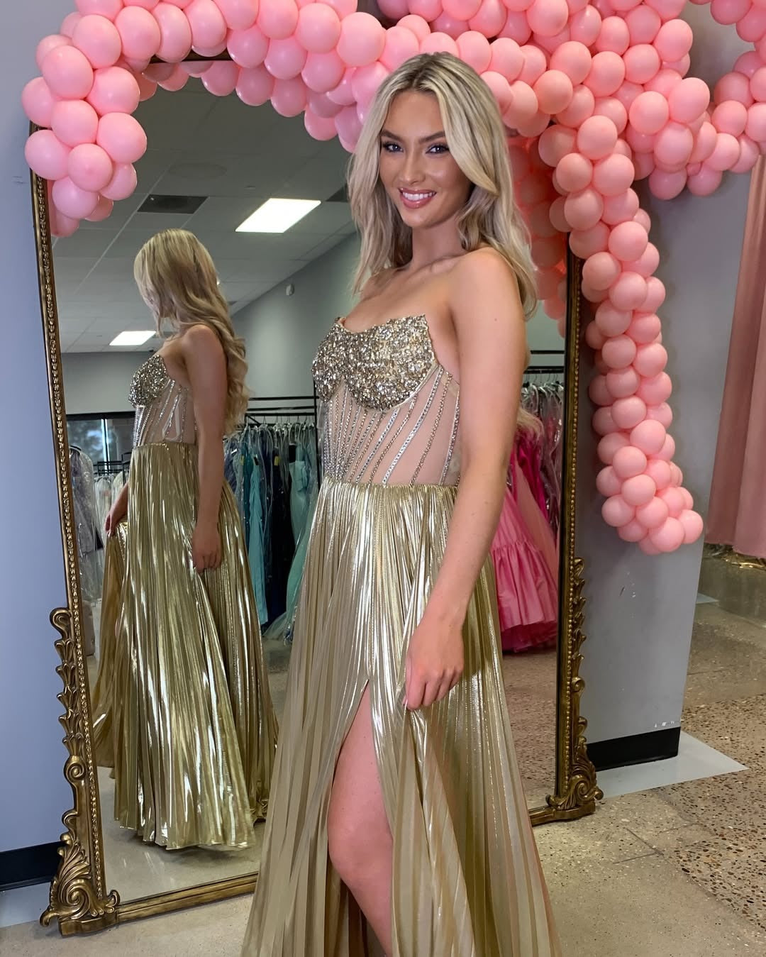 Metallic Long Prom Dresses with Slit Corset Sequin Beaded Evening Party Dresses HE189
