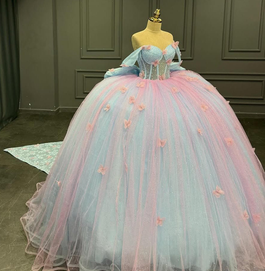 HE170 - Vestido de quinceañera con hombros descubiertos, tul, flores 3D y cuentas, estilo princesa, para fiesta de graduación de 16 años
