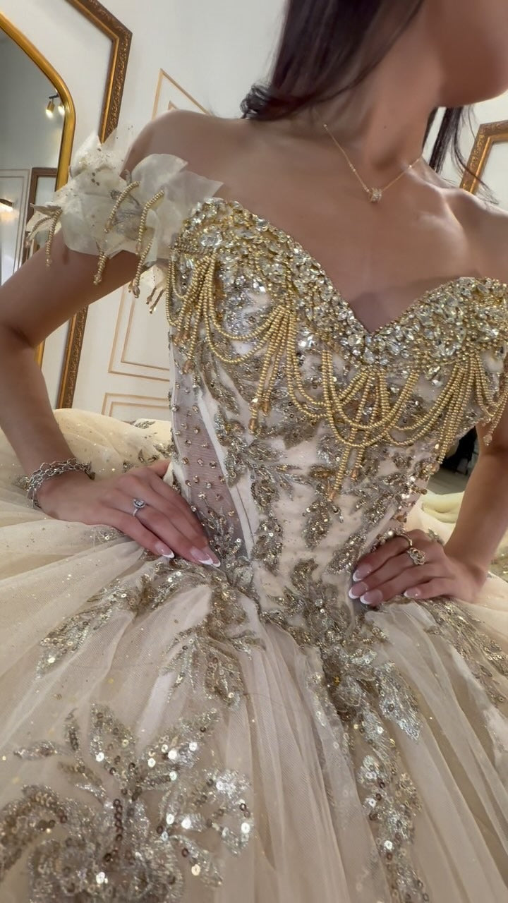 HE050-Champagne Ball Gown Lace Beaded Quinceanera Dresses Appliques Off Shoulder Birthday Party Gown for Sweet 16