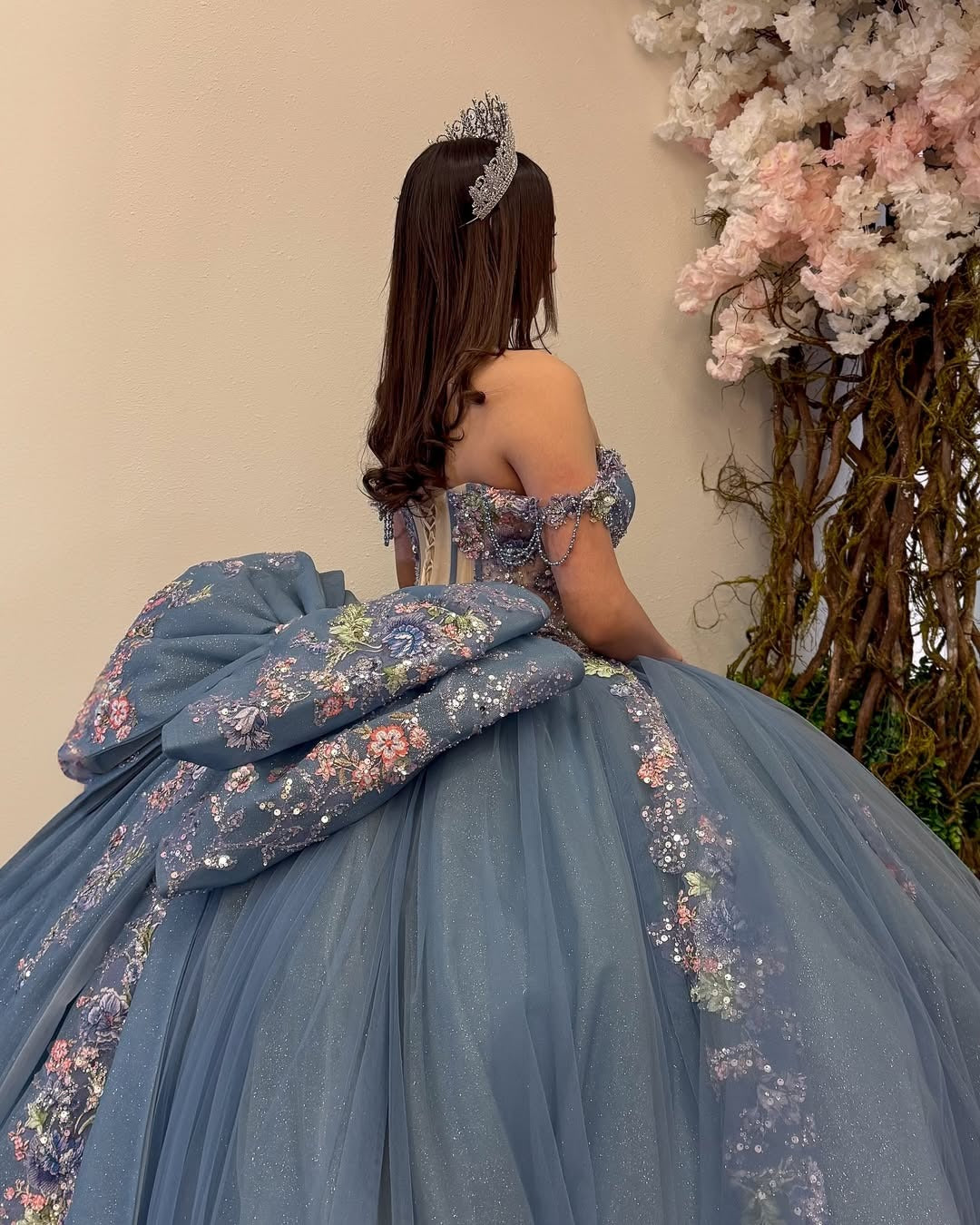 HE089 - Vestidos de quinceañera azules con hombros descubiertos, tul, encaje y cuentas, vestidos de fiesta de cumpleaños sin mangas para dulces 16