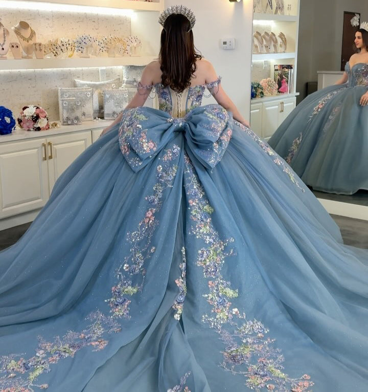 HE089 - Vestidos de quinceañera azules con hombros descubiertos, tul, encaje y cuentas, vestidos de fiesta de cumpleaños sin mangas para dulces 16