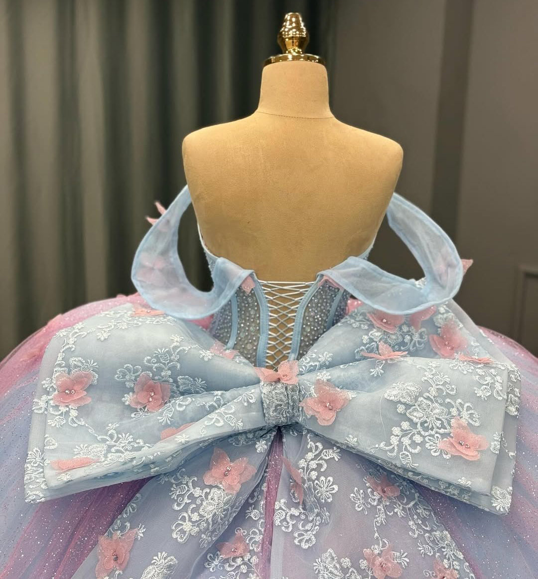 HE170 - Vestido de quinceañera con hombros descubiertos, tul, flores 3D y cuentas, estilo princesa, para fiesta de graduación de 16 años